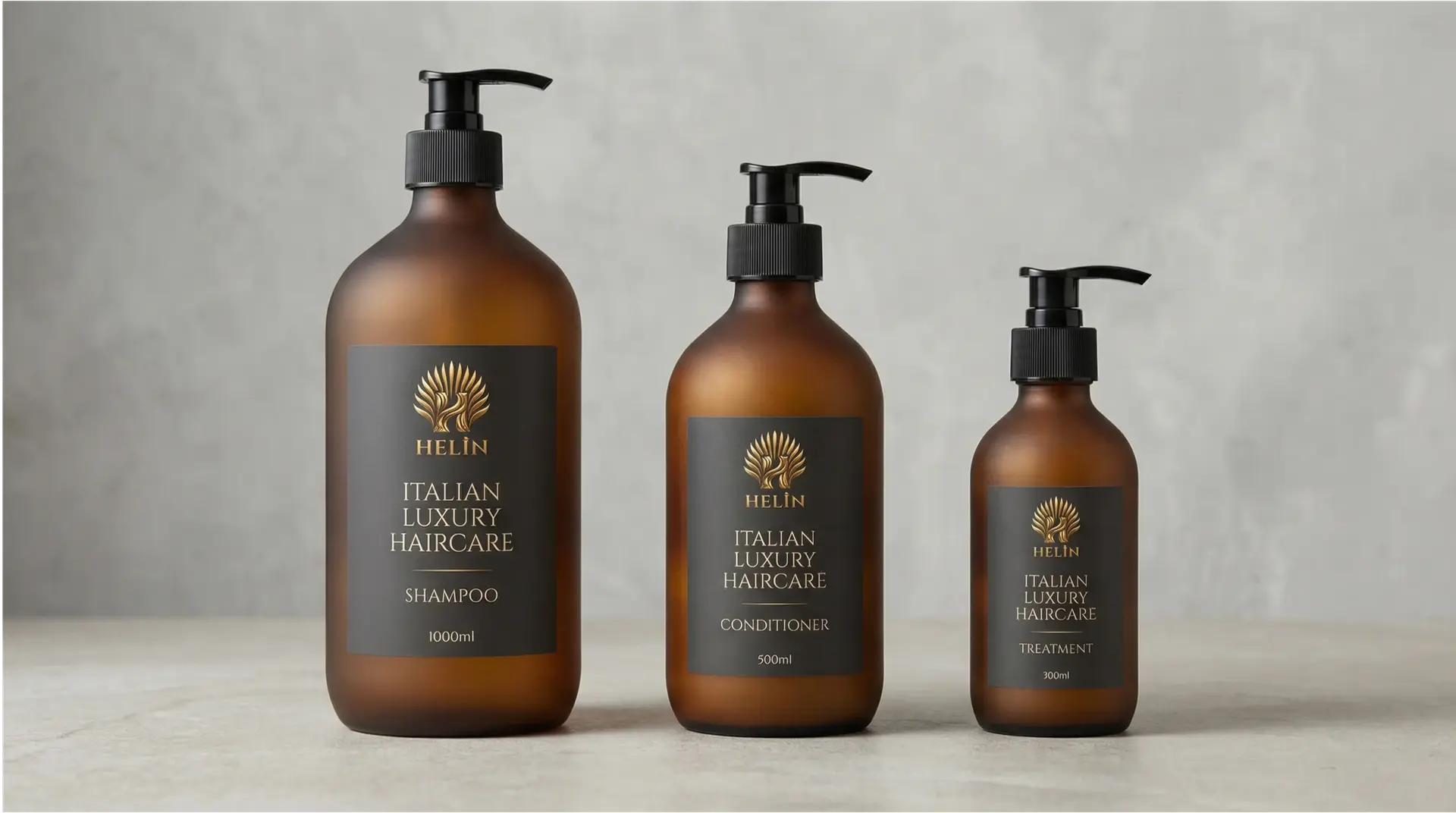HÊLÎN product bottles — amber pharmacy-style with gold typography